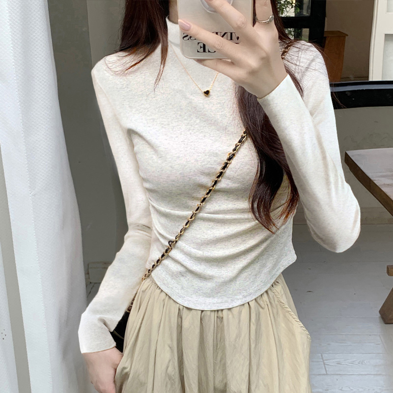 German velvet half high collar bottom shirt for women in autumn and winter, with irregular pleats and long sleeved T-shirts for high-end feeling, thickened small top