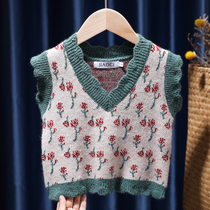 Green V collar crushed flower waistcoat 2022 spring autumn dress female baby sweater ocean gas flower Childrens vest knit