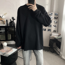 Mr. Short black hole round neck sweater mens autumn and winter loose Tide brand solid color base shirt T-shirt plus Velvet