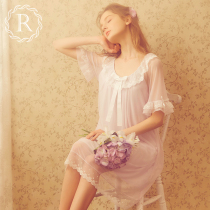 RoseTree Palace Court Sleeping Dress Summer Lady Short Sleeves Lace Sexy Pyjamas Thin Ice Silk Retro Princess Pyjamas