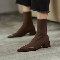 GANAIER feet on the giant thin ~ leather stitching stocking boots female New temperament Spike boots 4 5CM