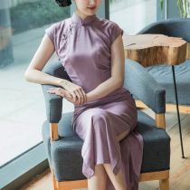 Medium and long solid color bone erosion simulation silk daily life cheongsam spring 2021 new young lotus root lotus