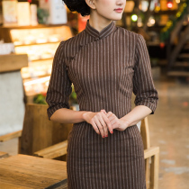 2021 Spring and Autumn Flax Vintage Long Stripes Long Sleeve Republic of China Wind Old Cheongsam Brand Daily Womens Skirt