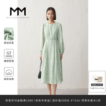 Mall same MM Mai Meng 2022 early fall new mid-length high waist thin green chiffon floral dress woman