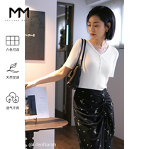 MM lemon spring summer new white blouses ice silk V collar temperament slim fit slim fit short sleeves Knitted Cardiovert