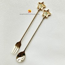 Suitable for glass mug gold five-pointed star note coffee spoon metal dessert fork long handle stirring rod