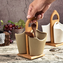 Creative Japanese bamboo wood ceramic chopsticks tube household double tube rack hanging chopsticks cage kitchen tableware spoon storage