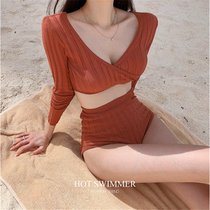 Bikini swimsuit female summer split long sleeve conservative high waist sexy small chest seaside sunscreen swimsuit 2021 New