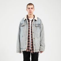 JCAESAR autumn winter water washed for old splicing lamb hair loose two sides wearing high street denim jacket jacket man