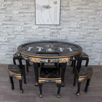 Black hand-painted carved Dan Taiwan black stone flower dining table and chair combination furniture one table six chairs Chinese furniture antique furniture