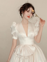 Satin wedding dress 2021 new small brides temperament French simple forest department big tail luxury super fairy dream