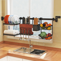 Stainless steel kitchen shelf Wall-mounted non-perforated sink drain dish rack Window windowsill storage shelf