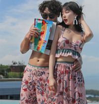 Couple swimsuit split flat angle three-piece set small chest gathered skirt vacation beach Couple swimsuit seaside vacation