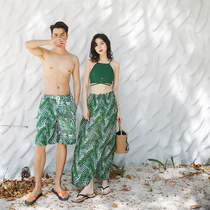 Couple swimsuit womens skirt bikini three-piece small chest gathered steel support beach lovers hot spring swimsuit