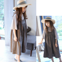 Girls  wide leg bib suit 2021 summer new middle and large childrens Korean version loose Western style spring and autumn two-piece set thin