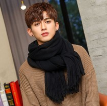 Hong Kong black scarf mens 2021 Winter knitted wool solid color long cashmere scarf womens high-end gift box