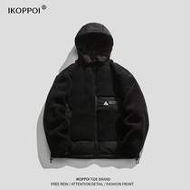 Lamb velvet hooded stitching jacket mens tide brand loose couple down jacket winter thickening warm casual top
