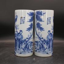 Republic of China blue and white Weishui visit to Xiantu Hat barrel quiver desk Porcelain Zhongtang decoration Antique Wen play old goods collection