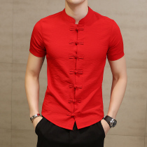 Chinese style mens summer linen shirt mens short sleeve Tang suit Chinese disc buckle thin cotton linen youth slim shirt