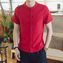 Summer Chinese style cotton linen shirt mens Chinese short sleeve Tang suit ethnic style buckle slim solid color half sleeve shirt
