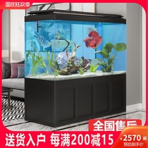 Large floor-to-ceiling fish tank living room aquarium household Chinese wood grain ultra-white partition wall screen porch glass bottom filter