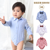 Baby shirt male baby cotton 6 months 0-1 year old spring and autumn children bow tie conjoined one year old long sleeve lapel shirt
