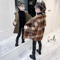 Girls woolen coat autumn and winter clothing 2021 New Korean version of large childrens clothing foreign style plus velvet thick late autumn coat