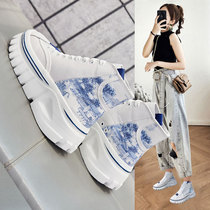 Leather high-top shoes womens 2021 catwalk muffin thick-soled inner height-increasing womens shoes blue and white porcelain fashion all-match casual shoes