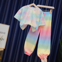 High-end Girl Rainbow Suit 2022 Summer New Child Foreign Air Short Sleeve Zdyeing Baby Leisure Two Sets Ebb