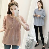 Pregnant womens shirt spring and autumn dress Korean striped long sleeve lapel shirt female maternity T-shirt short top two-piece set