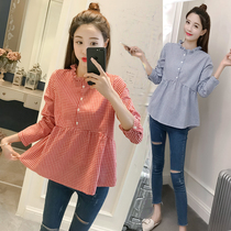 Pregnant women Plaid Shirt shirt Spring and Autumn long sleeve Korean version of loose T-shirt short top cute doll shirt two-piece set