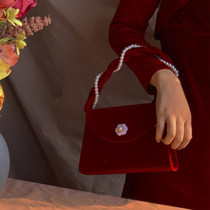 Camellia red wedding bag wedding bag Pearl portable foreign style engagement bag female bride gentle velvet retro womens bag