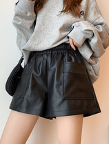Hong Kong leather shorts womens 2021 new large size loose wide legs thin autumn and winter high waist wear bottom boots pants