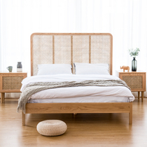  Rattan creative design White oak bed Nordic simple cherry wood bedroom 1 8 double beds Light luxury bed and breakfast bed