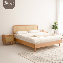 Nordic retro cherry wood rattan woven bed Japanese black Walnut light luxury rattan art 1 8 double wedding bed environmental protection furniture