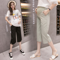 Pregnant womens pants summer thin models wearing seven wide leg pants split linen belly pants tide mom fashion summer casual pants
