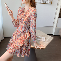  MAJE KARA ruffle floral dress female early autumn 2021 new temperament waist thin mid-length skirt