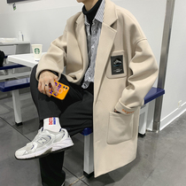 Japanese retro trench coat mens long overwear wool thick coat ruffle handsome Hong Kong style high trend autumn and winter coat
