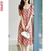 POLATTI warm red print lined with good temperament doll collar shape mulberry silk loose dress female summer