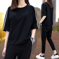 Hong Kong Short Sleeve Sports Casual Suit Women Summer Fashion Loose Big Code Middle Sleeve Fitness Clothing Tide Card Pure Cotton Two Sets