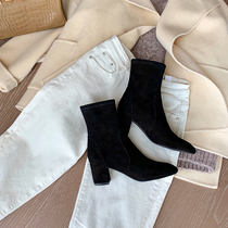 (sheii Suyin Yin) valuable to be casual ~ new SW coarse heel Round Bounce Socks Boots Slim Boots Woman Short Boots