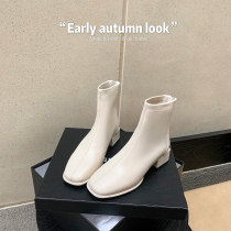 (sheii Suyin Yin) Seoul chic ~ Korean square head coarse heel plus suede elastic short boots slim skinny boots winter