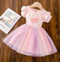 4 childrens summer dress for girls 5 short sleeve cotton 6 summer Swan six little girl net gauze princess skirt 8 years old