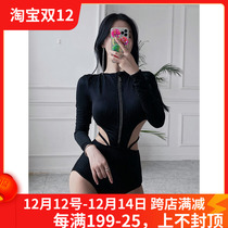 South Korea hollow long sleeve zipper swimsuit women Net red ins black sexy slim belly hot spring one-piece swimsuit