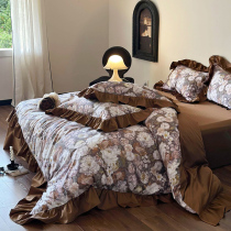 Fataway retro full cotton 100 long suede cotton four pieces of pure cotton lotus leaf side quilt cover goon satin printed bedding