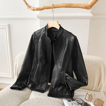 2021 Spring and Autumn New Style Tanning Sheep Leather Leather Leather Women Short Coat Small Stand Collar Simple Locomotive Leather Jacket