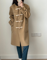 douni five size hooded temperament thin loose double-sided all wool horn buckle coat winter has come