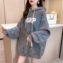 Pregnant women winter coat 2021 New Korean letter printing loose Joker plus velvet padded large size hooded sweater