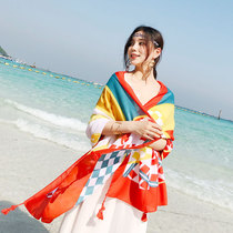 Womens summer sunscreen shawl seaside resort cotton and linen gauze dual-purpose long beach towel outside scarf versatile