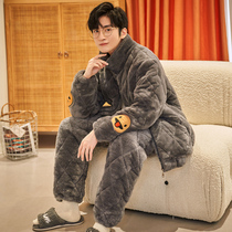 Pajamas mens autumn and winter three-layer cotton padded and velvet warm coral velvet flannel zipper home suit